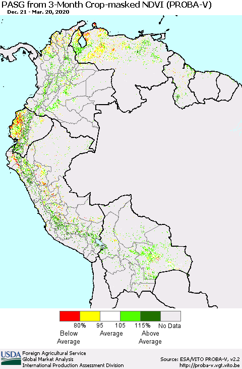 Northern South America PASG from 3-Month Crop-masked NDVI (PROBA-V) Thematic Map For 3/11/2020 - 3/20/2020