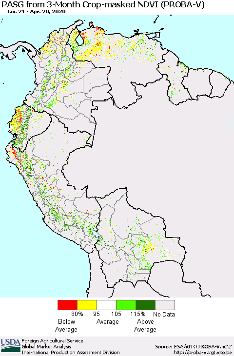 Northern South America PASG from 3-Month Crop-masked NDVI (PROBA-V) Thematic Map For 4/11/2020 - 4/20/2020