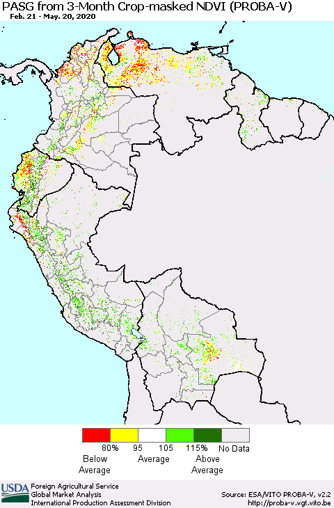 Northern South America PASG from 3-Month Crop-masked NDVI (PROBA-V) Thematic Map For 5/11/2020 - 5/20/2020