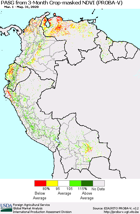 Northern South America PASG from 3-Month Crop-masked NDVI (PROBA-V) Thematic Map For 5/21/2020 - 5/31/2020