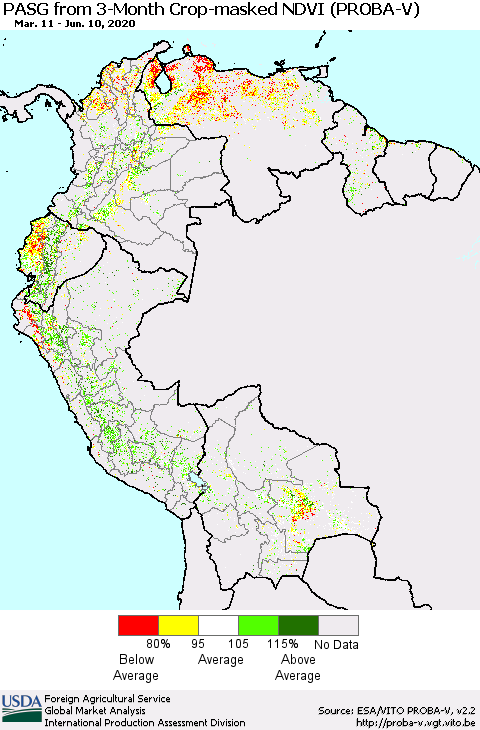 Northern South America PASG from 3-Month Crop-masked NDVI (PROBA-V) Thematic Map For 6/1/2020 - 6/10/2020