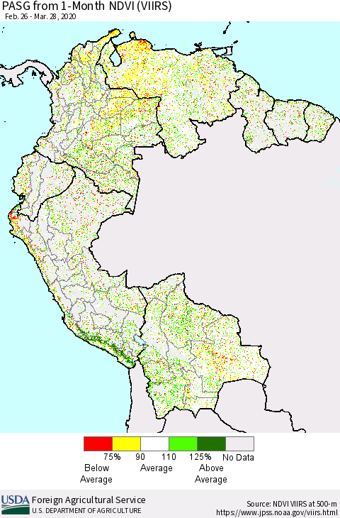 Northern South America PASG from 1-Month NDVI (VIIRS) Thematic Map For 3/21/2020 - 3/31/2020