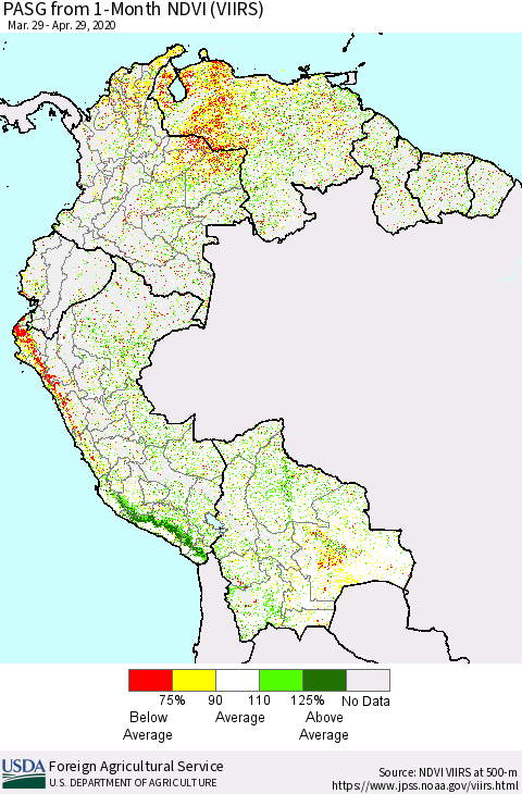 Northern South America PASG from 1-Month NDVI (VIIRS) Thematic Map For 4/21/2020 - 4/30/2020