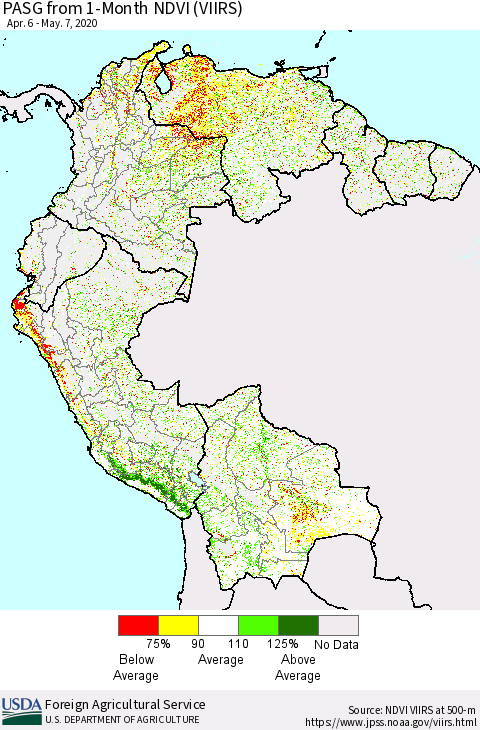 Northern South America PASG from 1-Month NDVI (VIIRS) Thematic Map For 5/1/2020 - 5/10/2020