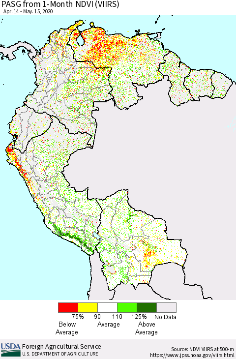 Northern South America PASG from 1-Month NDVI (VIIRS) Thematic Map For 5/11/2020 - 5/20/2020