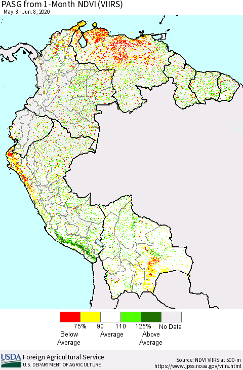 Northern South America PASG from 1-Month NDVI (VIIRS) Thematic Map For 6/1/2020 - 6/10/2020