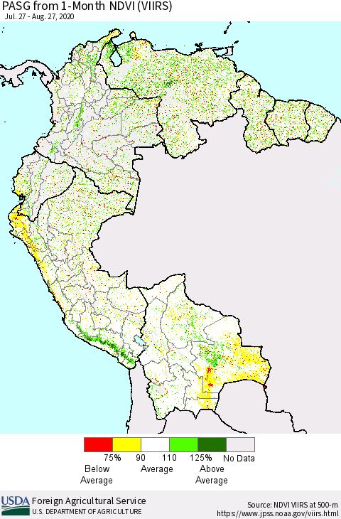 Northern South America PASG from 1-Month NDVI (VIIRS) Thematic Map For 8/21/2020 - 8/31/2020