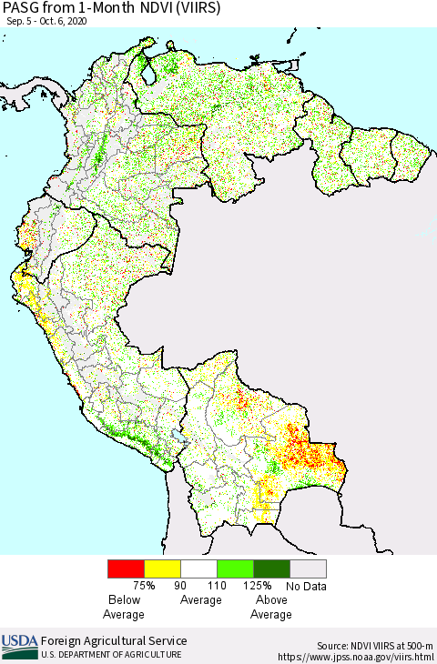 Northern South America PASG from 1-Month NDVI (VIIRS) Thematic Map For 10/1/2020 - 10/10/2020
