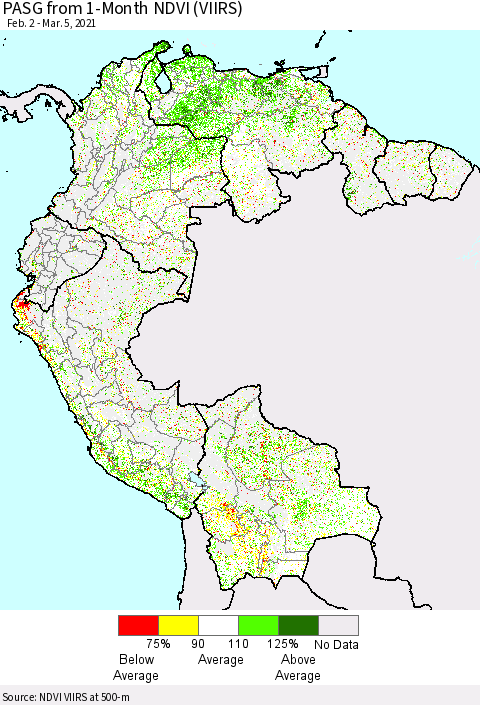 Northern South America PASG from 1-Month NDVI (VIIRS) Thematic Map For 2/26/2021 - 3/5/2021