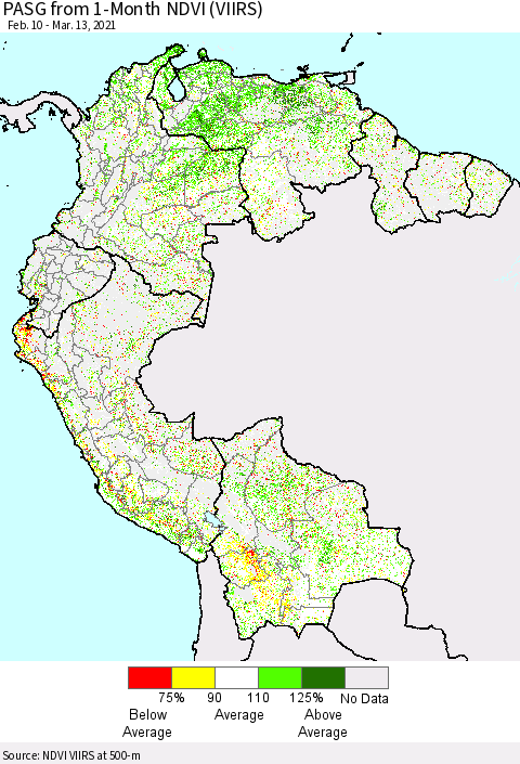 Northern South America PASG from 1-Month NDVI (VIIRS) Thematic Map For 3/6/2021 - 3/13/2021