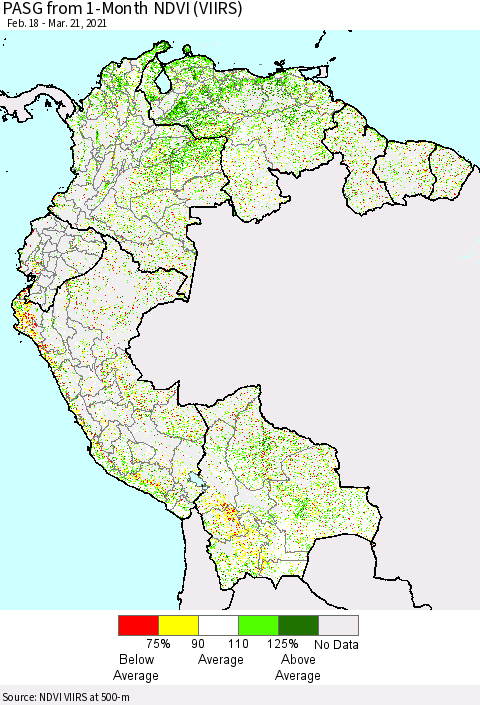 Northern South America PASG from 1-Month NDVI (VIIRS) Thematic Map For 3/14/2021 - 3/21/2021