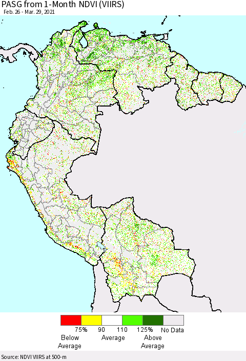 Northern South America PASG from 1-Month NDVI (VIIRS) Thematic Map For 3/22/2021 - 3/29/2021