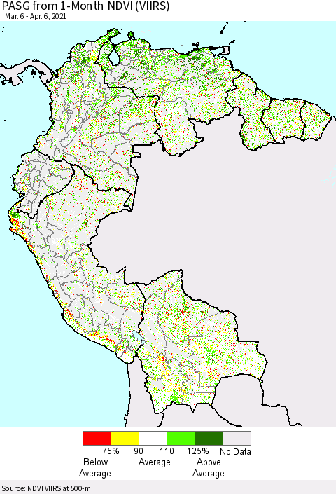 Northern South America PASG from 1-Month NDVI (VIIRS) Thematic Map For 3/30/2021 - 4/6/2021