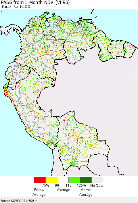 Northern South America PASG from 1-Month NDVI (VIIRS) Thematic Map For 4/7/2021 - 4/14/2021