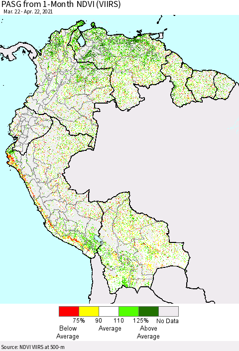 Northern South America PASG from 1-Month NDVI (VIIRS) Thematic Map For 4/15/2021 - 4/22/2021