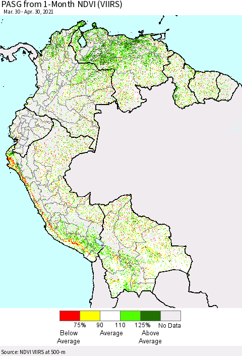 Northern South America PASG from 1-Month NDVI (VIIRS) Thematic Map For 4/23/2021 - 4/30/2021