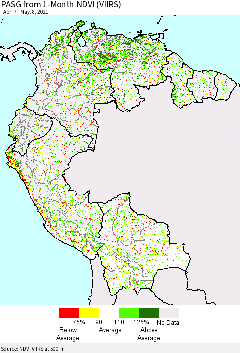 Northern South America PASG from 1-Month NDVI (VIIRS) Thematic Map For 5/1/2021 - 5/8/2021