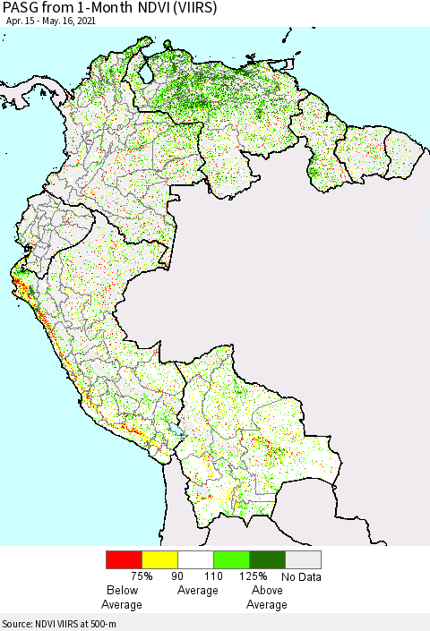 Northern South America PASG from 1-Month NDVI (VIIRS) Thematic Map For 5/9/2021 - 5/16/2021