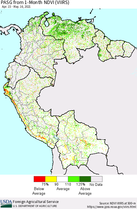 Northern South America PASG from 1-Month NDVI (VIIRS) Thematic Map For 5/11/2021 - 5/20/2021