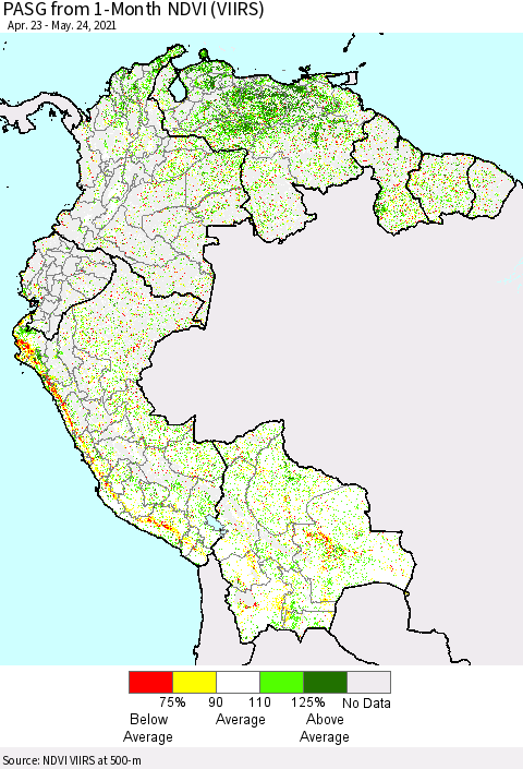 Northern South America PASG from 1-Month NDVI (VIIRS) Thematic Map For 5/17/2021 - 5/24/2021