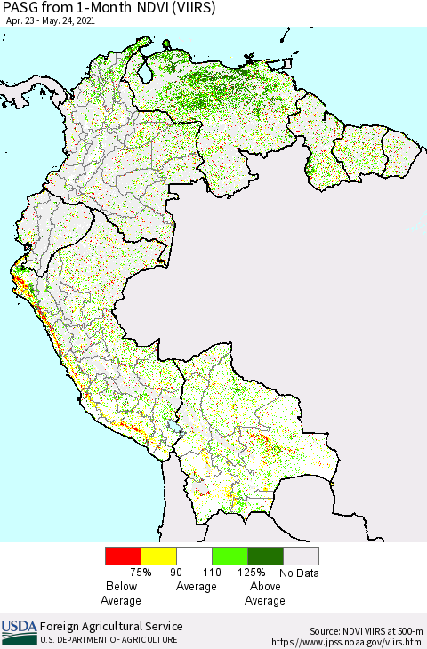 Northern South America PASG from 1-Month NDVI (VIIRS) Thematic Map For 5/21/2021 - 5/31/2021