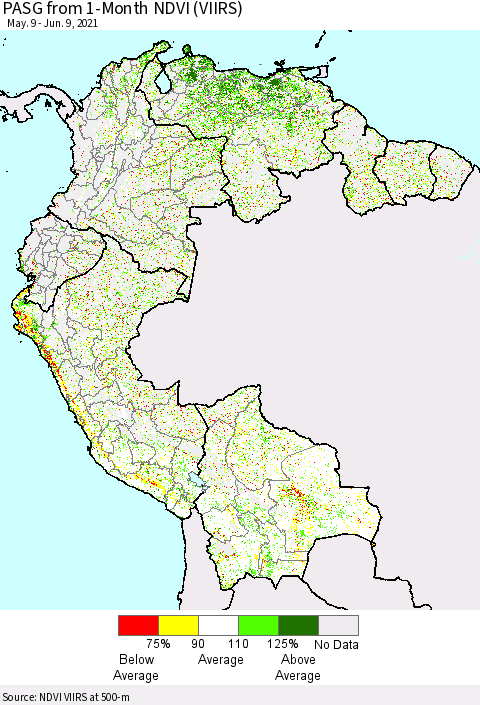Northern South America PASG from 1-Month NDVI (VIIRS) Thematic Map For 6/2/2021 - 6/9/2021