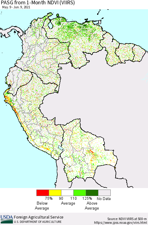 Northern South America PASG from 1-Month NDVI (VIIRS) Thematic Map For 6/1/2021 - 6/10/2021