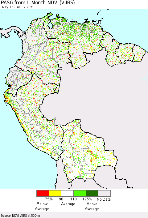 Northern South America PASG from 1-Month NDVI (VIIRS) Thematic Map For 6/10/2021 - 6/17/2021
