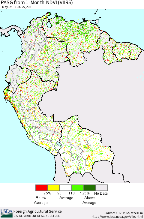 Northern South America PASG from 1-Month NDVI (VIIRS) Thematic Map For 6/21/2021 - 6/30/2021