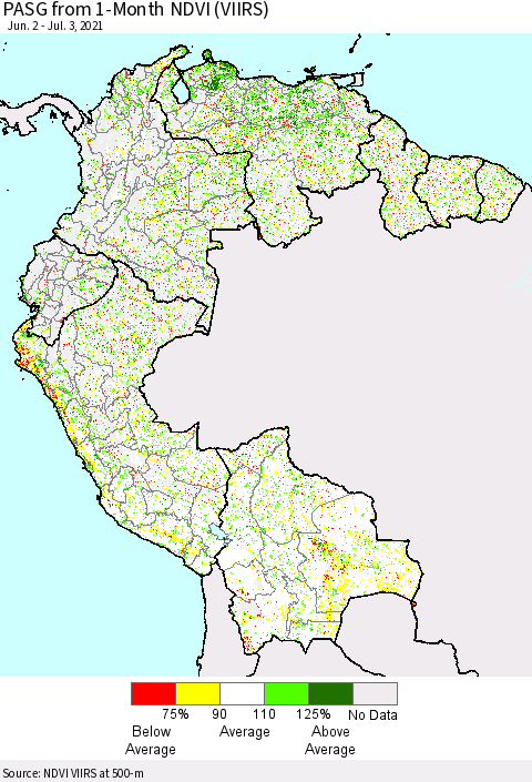 Northern South America PASG from 1-Month NDVI (VIIRS) Thematic Map For 6/26/2021 - 7/3/2021