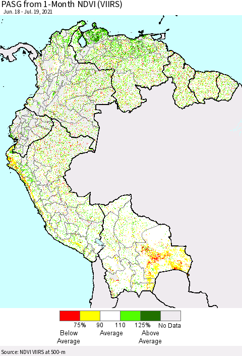 Northern South America PASG from 1-Month NDVI (VIIRS) Thematic Map For 7/12/2021 - 7/19/2021