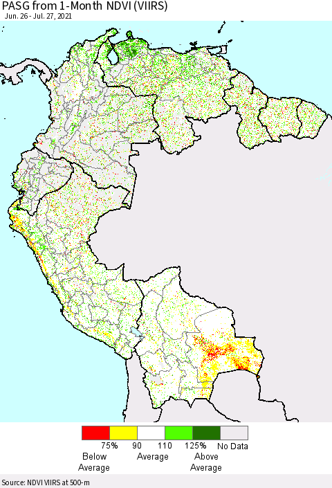 Northern South America PASG from 1-Month NDVI (VIIRS) Thematic Map For 7/20/2021 - 7/27/2021