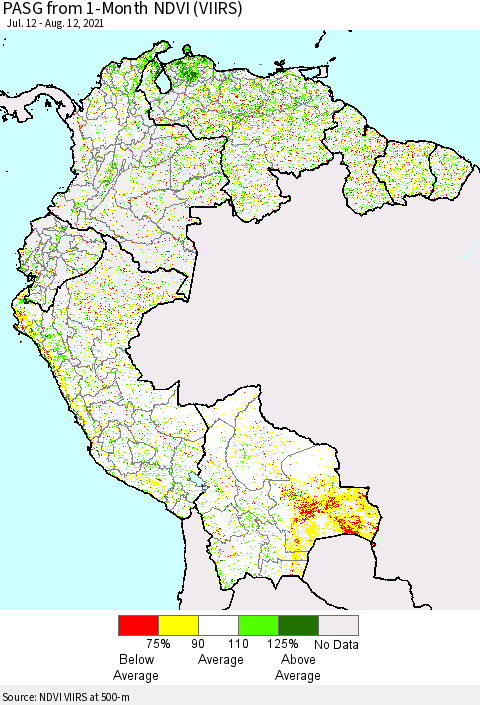Northern South America PASG from 1-Month NDVI (VIIRS) Thematic Map For 8/5/2021 - 8/12/2021