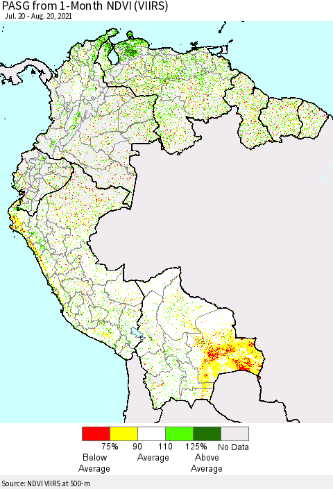 Northern South America PASG from 1-Month NDVI (VIIRS) Thematic Map For 8/11/2021 - 8/20/2021