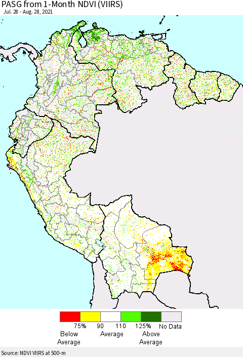 Northern South America PASG from 1-Month NDVI (VIIRS) Thematic Map For 8/21/2021 - 8/28/2021