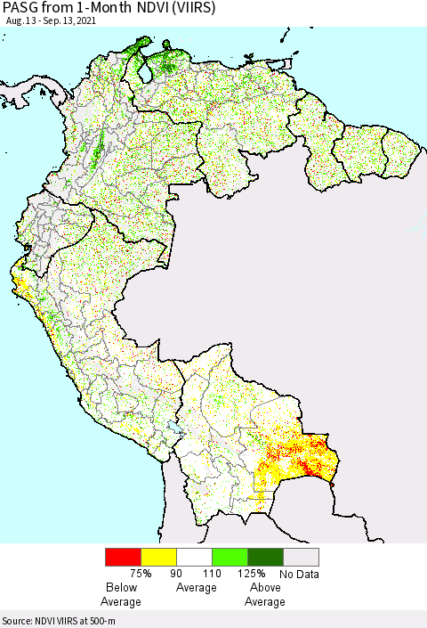 Northern South America PASG from 1-Month NDVI (VIIRS) Thematic Map For 9/6/2021 - 9/13/2021