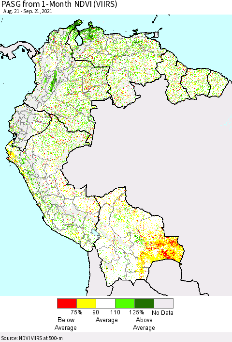Northern South America PASG from 1-Month NDVI (VIIRS) Thematic Map For 9/14/2021 - 9/21/2021