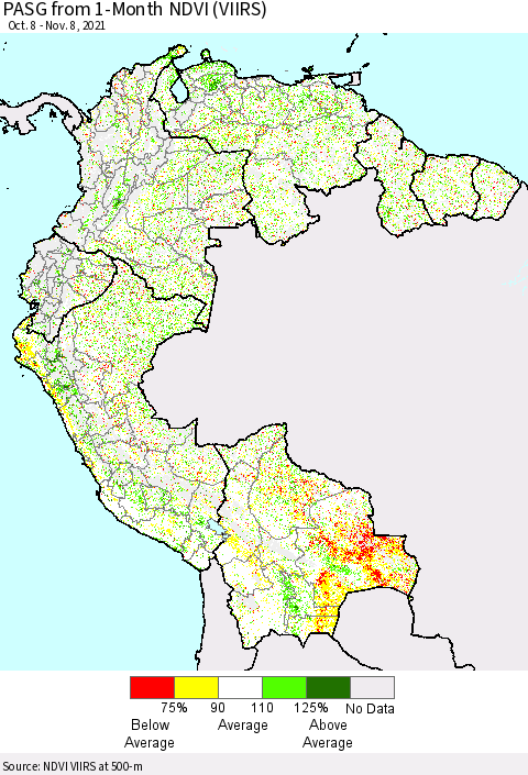 Northern South America PASG from 1-Month NDVI (VIIRS) Thematic Map For 11/1/2021 - 11/8/2021