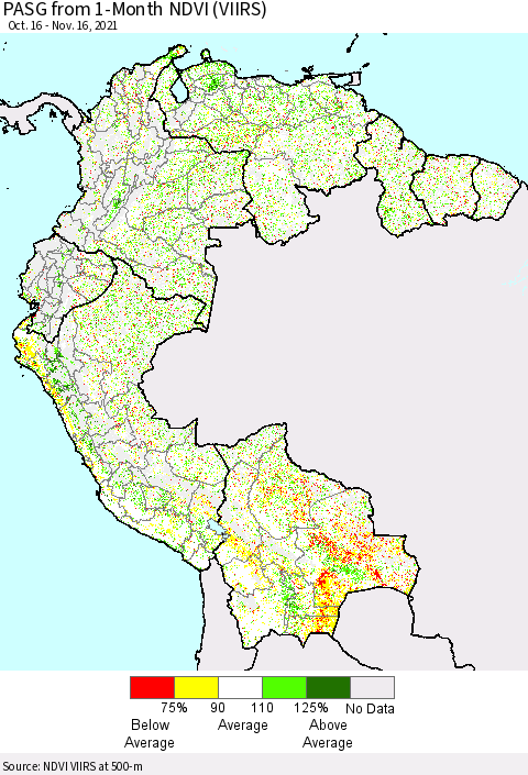 Northern South America PASG from 1-Month NDVI (VIIRS) Thematic Map For 11/9/2021 - 11/16/2021