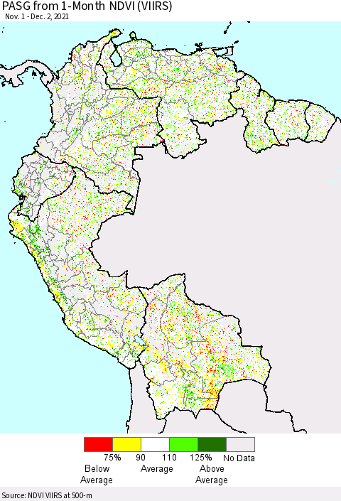 Northern South America PASG from 1-Month NDVI (VIIRS) Thematic Map For 11/25/2021 - 12/2/2021