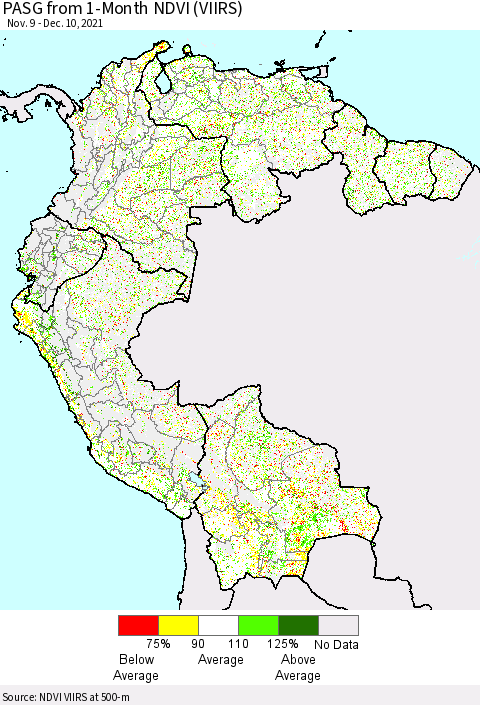 Northern South America PASG from 1-Month NDVI (VIIRS) Thematic Map For 12/1/2021 - 12/10/2021