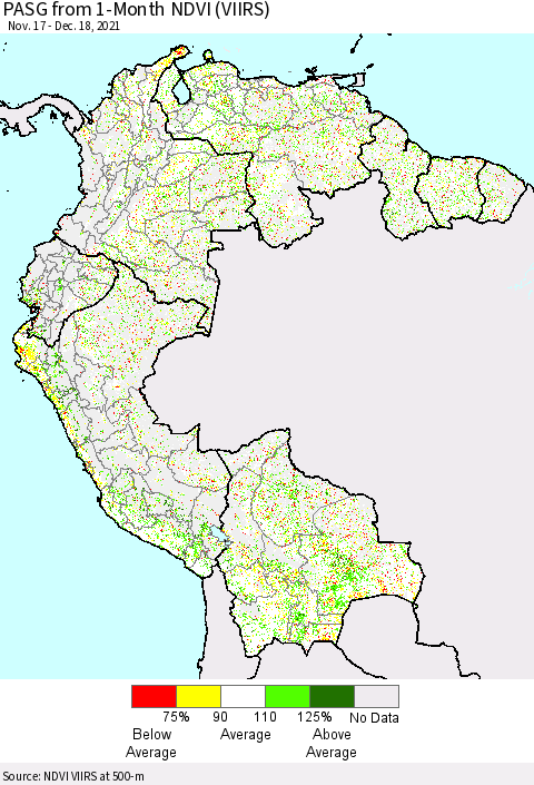 Northern South America PASG from 1-Month NDVI (VIIRS) Thematic Map For 12/11/2021 - 12/18/2021