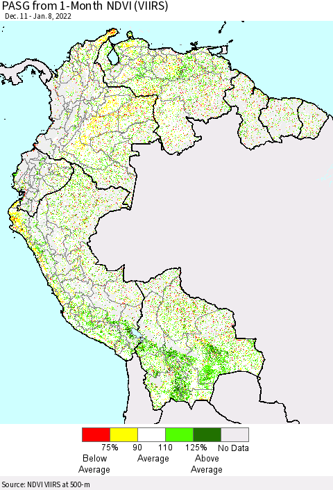 Northern South America PASG from 1-Month NDVI (VIIRS) Thematic Map For 1/1/2022 - 1/8/2022