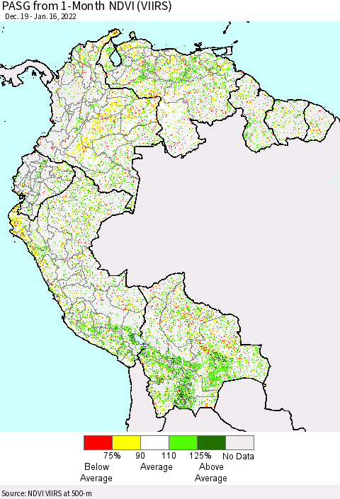 Northern South America PASG from 1-Month NDVI (VIIRS) Thematic Map For 1/9/2022 - 1/16/2022