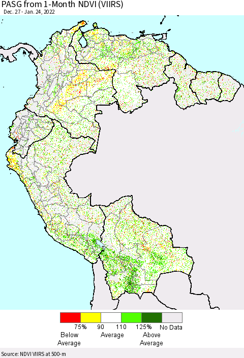 Northern South America PASG from 1-Month NDVI (VIIRS) Thematic Map For 1/17/2022 - 1/24/2022