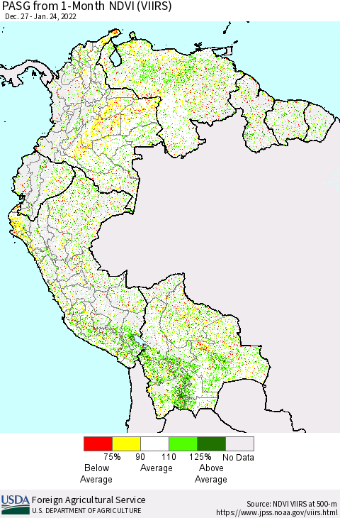 Northern South America PASG from 1-Month NDVI (VIIRS) Thematic Map For 1/21/2022 - 1/31/2022