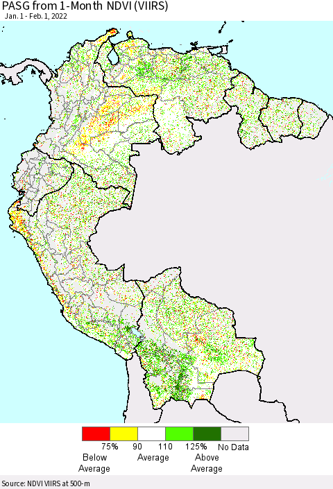 Northern South America PASG from 1-Month NDVI (VIIRS) Thematic Map For 1/25/2022 - 2/1/2022