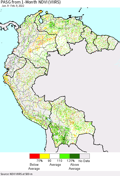 Northern South America PASG from 1-Month NDVI (VIIRS) Thematic Map For 2/2/2022 - 2/9/2022
