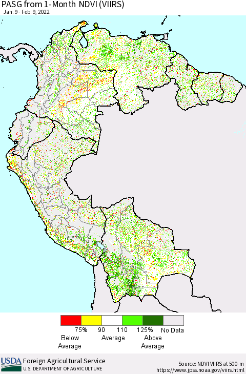 Northern South America PASG from 1-Month NDVI (VIIRS) Thematic Map For 2/1/2022 - 2/10/2022