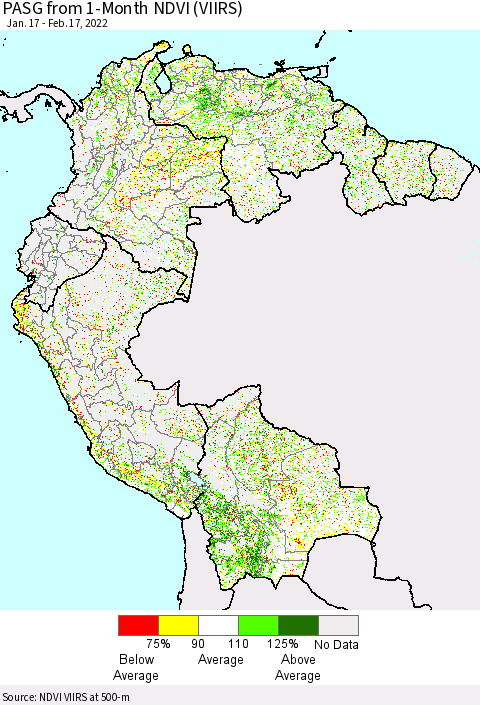 Northern South America PASG from 1-Month NDVI (VIIRS) Thematic Map For 2/10/2022 - 2/17/2022